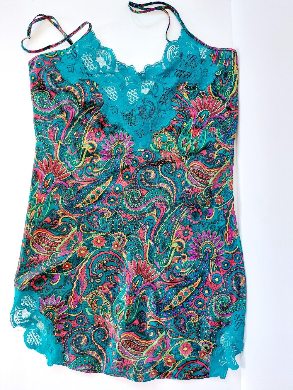 80s‎ Turquoise Paisley Chemise Nightgown Small Victoria Secret Boudoir Negligee